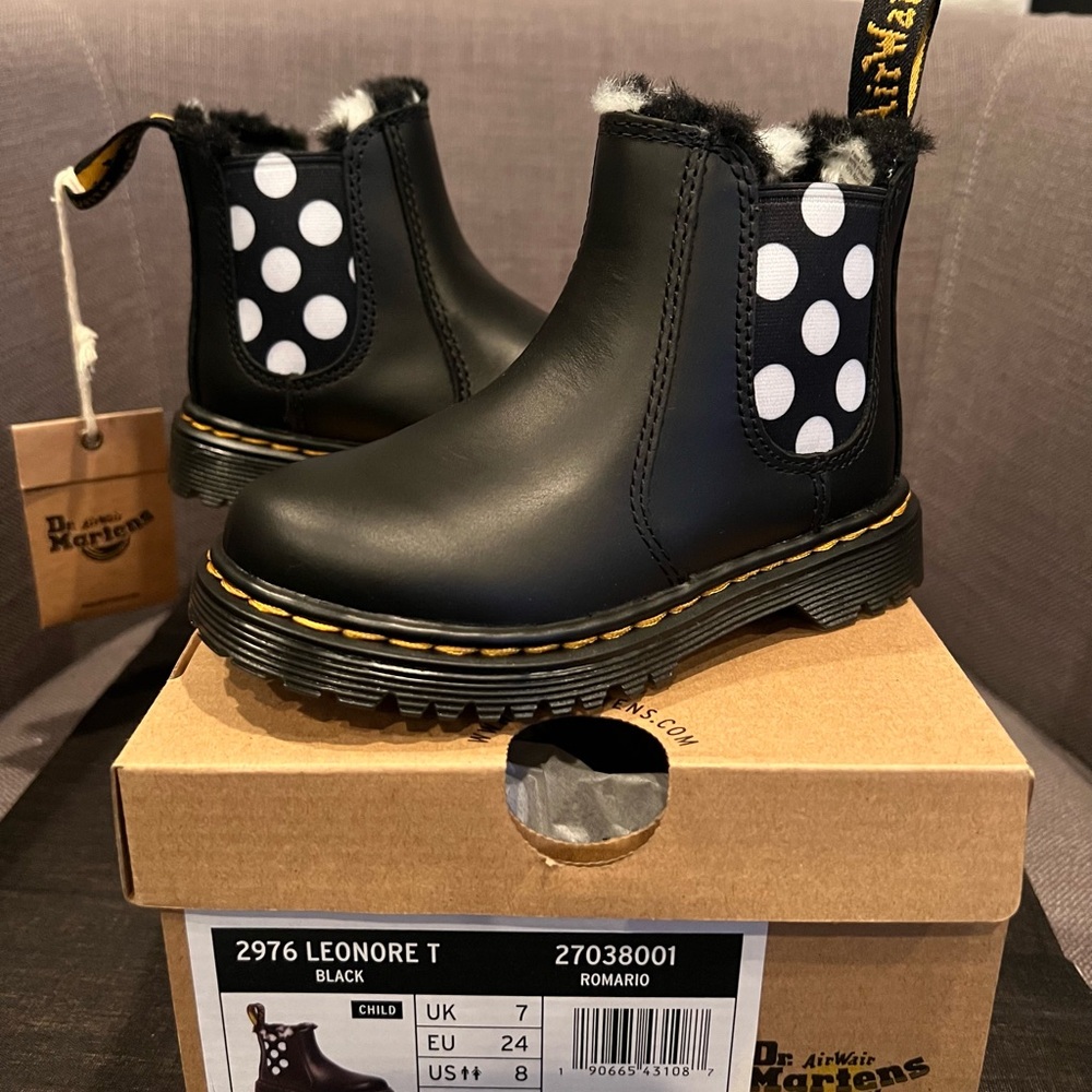 Dr. Martens Leonore Black Polka Dot Kids Boots